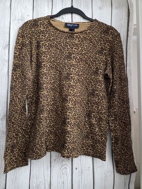 Jones New York Women's Leopard Print Crewneck Long Sleeve Tee - Brown